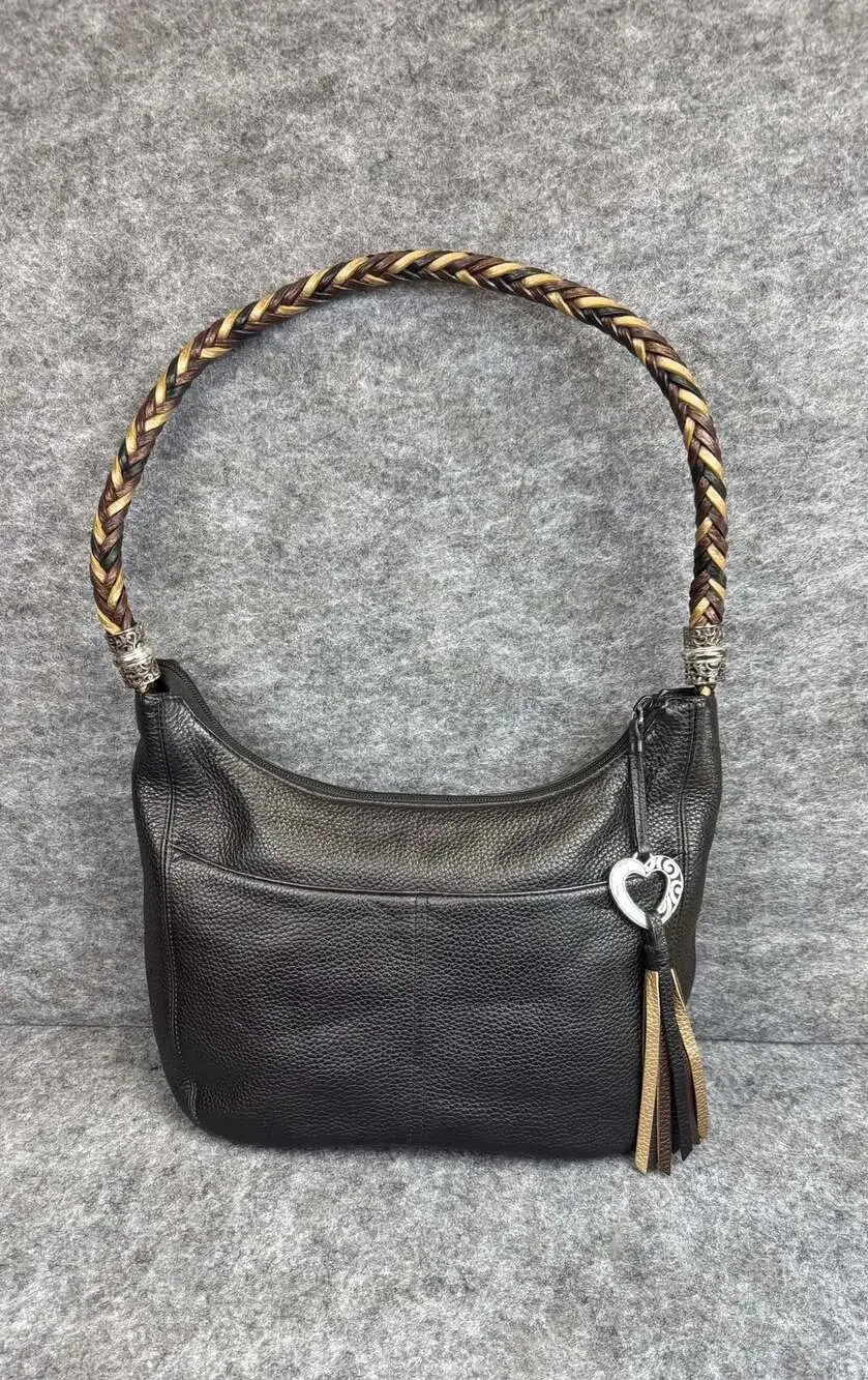 Brighton Barbados Black Pebbled Leather Hobo Shoulder Bag Braided Strap